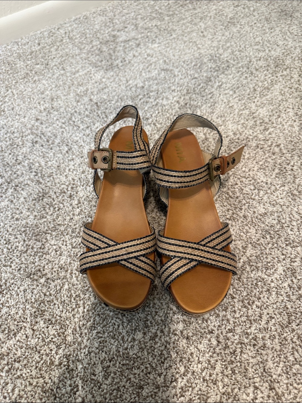 MIA Striped Crisscross Wedge Sandals in Tan and Black